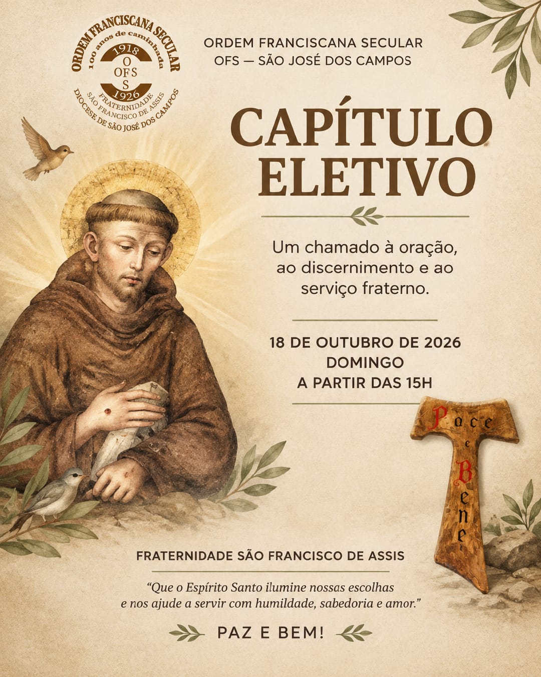 Cartaz do Capítulo Eletivo da OFS São José dos Campos, em 18 de outubro de 2026, com imagem de São Francisco de Assis