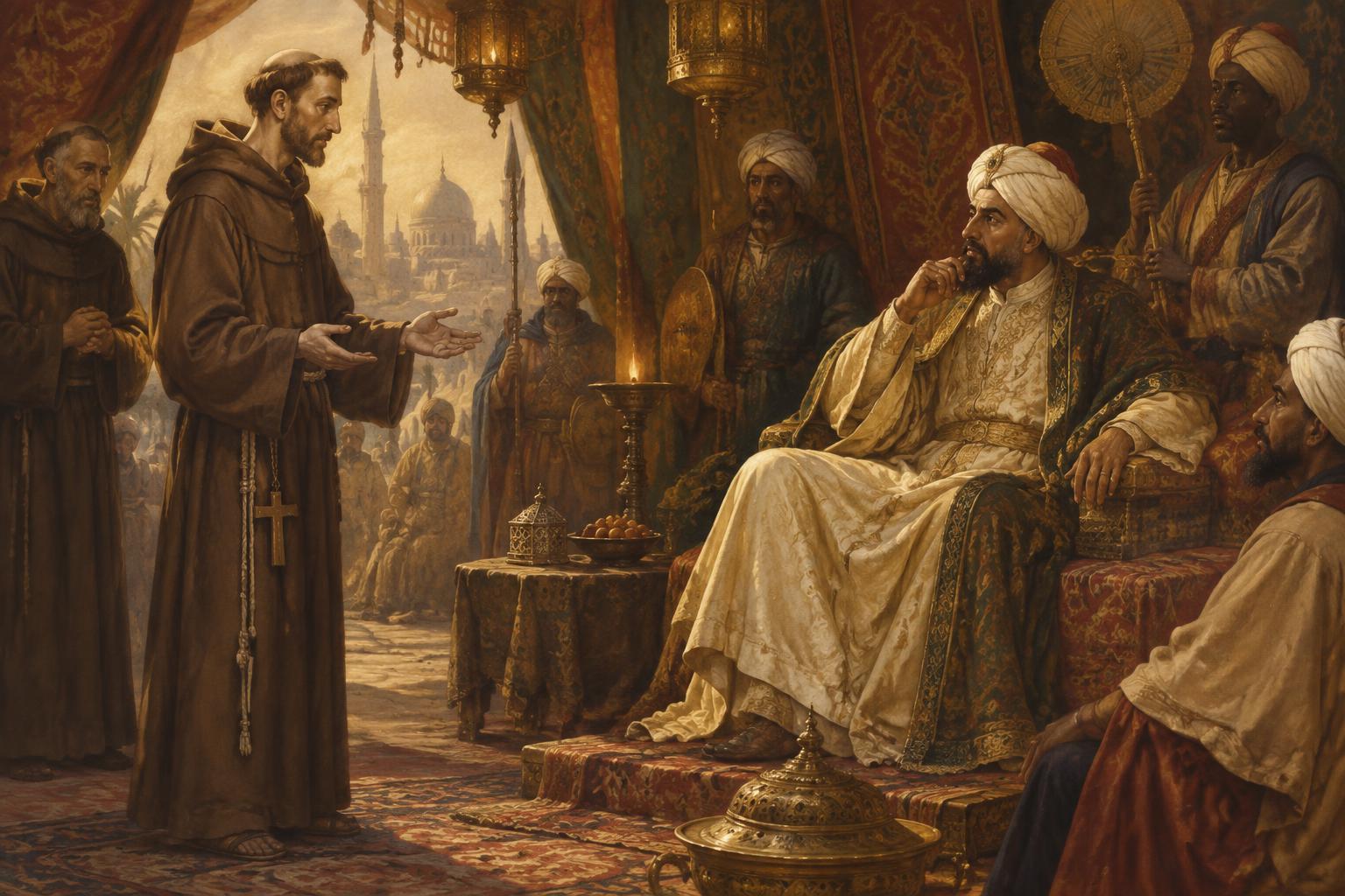 Representação artística do encontro entre São Francisco de Assis e o sultão Al-Malik Al-Kamil, em 1219, no acampamento cristão diante de Damieta.
