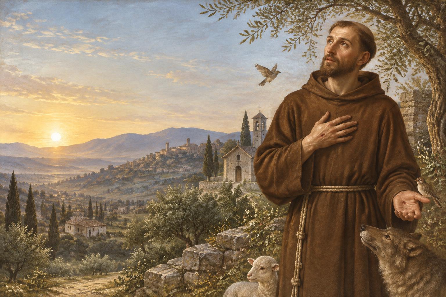 Representação em arte sacra de São Francisco de Assis diante de uma paisagem da Úmbria